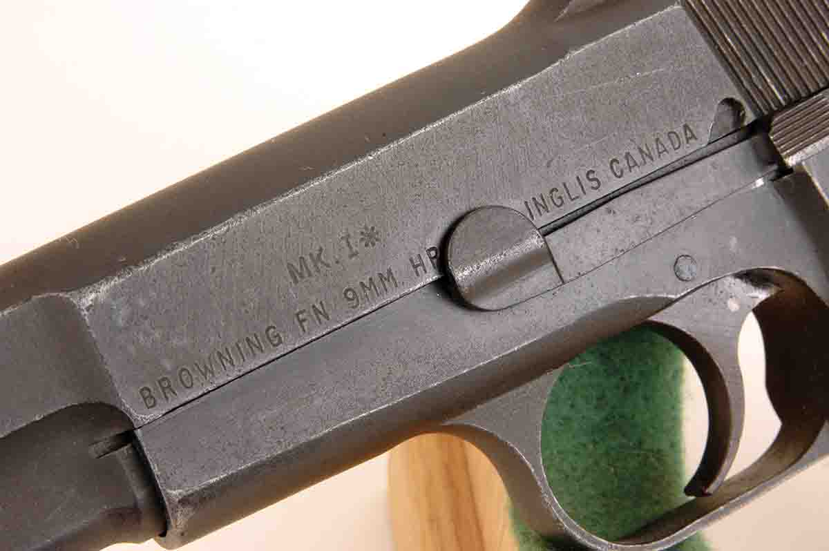 Markings are shown on the side of the Inglis Hi-Power. Note that they credited it to Browning and FN.